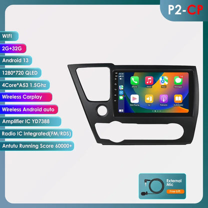 Honda Civic 2013-2016 9" Android 14 Carplay Android auto wireless wifi bt gps 4g AUTMCTVR7