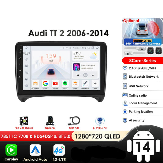 AUDI TT MK2 8J 2006 -2014 9" Android 14 Carplay Android auto wireless wifi bt gps 4g  AUTMMWU1