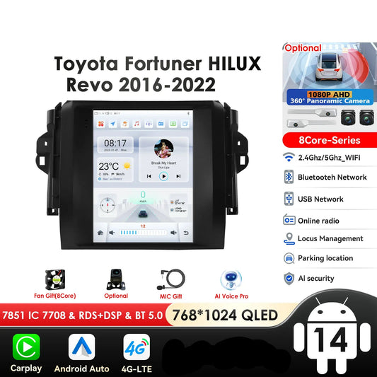 Toyota Fortuner HILUX Revo 2016 -2022  9.7" Android 14 Carplay Android auto wireless wifi bt gps 4g AUTMHXLFT