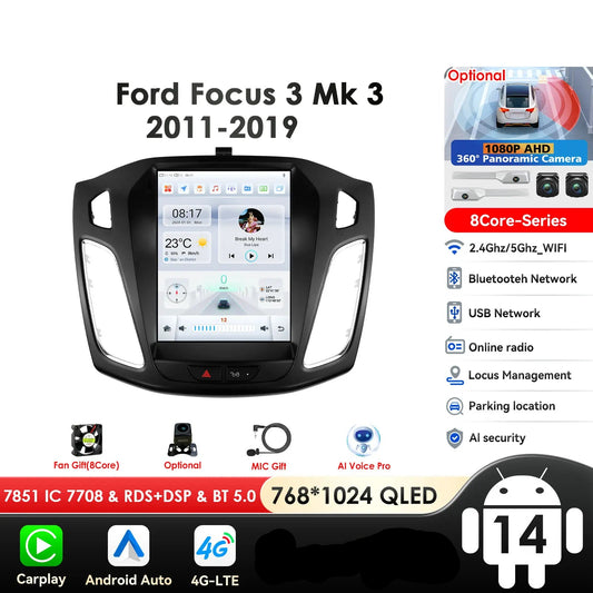 Ford Focus 3 MK3 2011-2019  Tesla Style 9,7" Android 14 Carplay Android auto wireless wifi bt gps 4g  AUTMWCH0