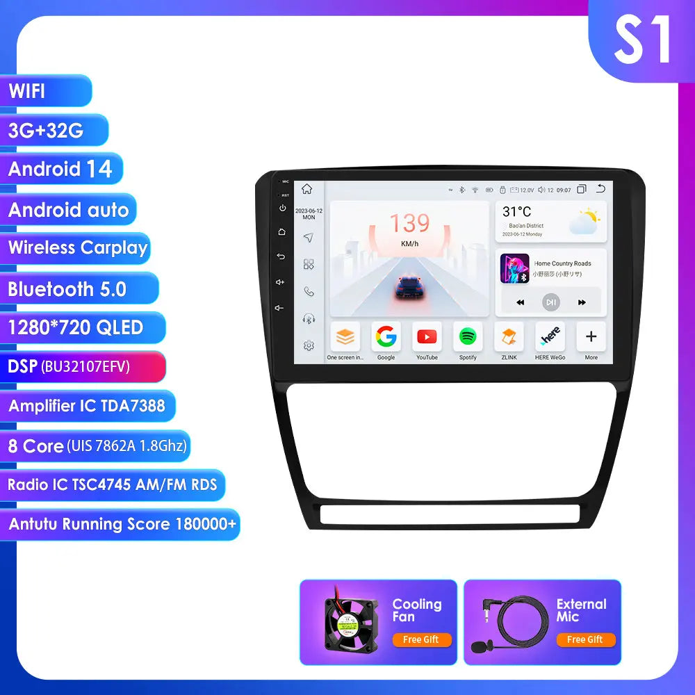 Skoda Octavia 2 A5 2008- 2013   10,1" / 10,33" Android 14 Carplay Android auto wireless wifi bt gps 4g  AUTM7NCO
