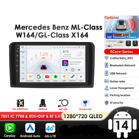 Mercedes ML W164 X164 ML350 ML300 GL500 ML320 ML280 GL350  9" Android 14 Carplay Android auto wireless wifi bt gps 4g AUTMMQVN