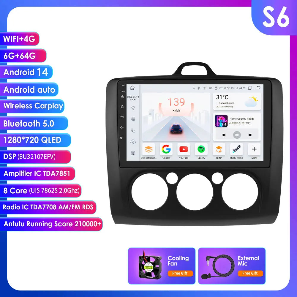 Ford Focus 2 3 Mk2 Mk3 2004-2011 9" Android 14 Carplay Android auto wireless wifi bt gps 4g  AUTMG5XX