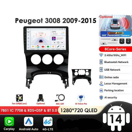 Peugeot 3008 5008  2009-2015 9" Android 14 Carplay Android auto wireless wifi bt gps 4g AUTMGA43