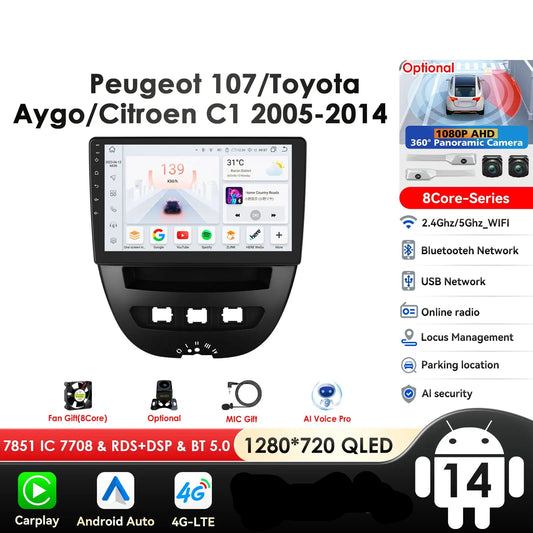 Peugeot 107 Toyota Aygo Citroen C1 9" Android 14 Carplay Android auto wireless wifi bt gps 4g  AUTMH3FI