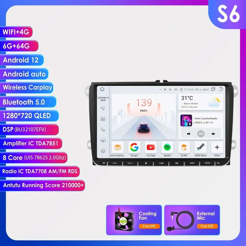VW/Volkswagen/Golf/Passat/b7/b6/Skoda/Seat/Octavia/Polo/Tiguan 9" Android 14 Carplay Android auto wireless wifi bt gps 4g AUTMZN4F
