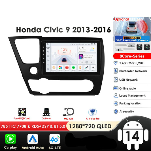 Honda Civic 2013-2016 9" Android 14 Carplay Android auto wireless wifi bt gps 4g AUTMCTVR7