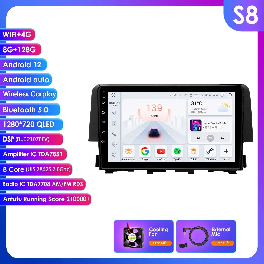Honda Civic 10th 2016-2018 9'' Android 14 Carplay Android auto wireless wifi bt gps 4g RDS AUTMCDNH2