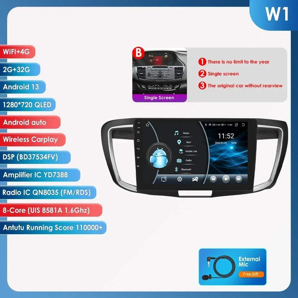 Honda ACCORD 9 2.0L 2.4L 2012  -2018  9"  Android 14 Carplay Android auto wireless wifi bt gps 4g  AUTMA22DH