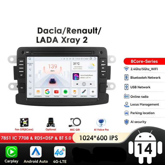 Dacia Logan Dokker Duster Sandero Lodgy Renault Captur  2011-2017 7" Android 14 Carplay Android auto wireless wifi bt gps 4g  AUTMSQF6