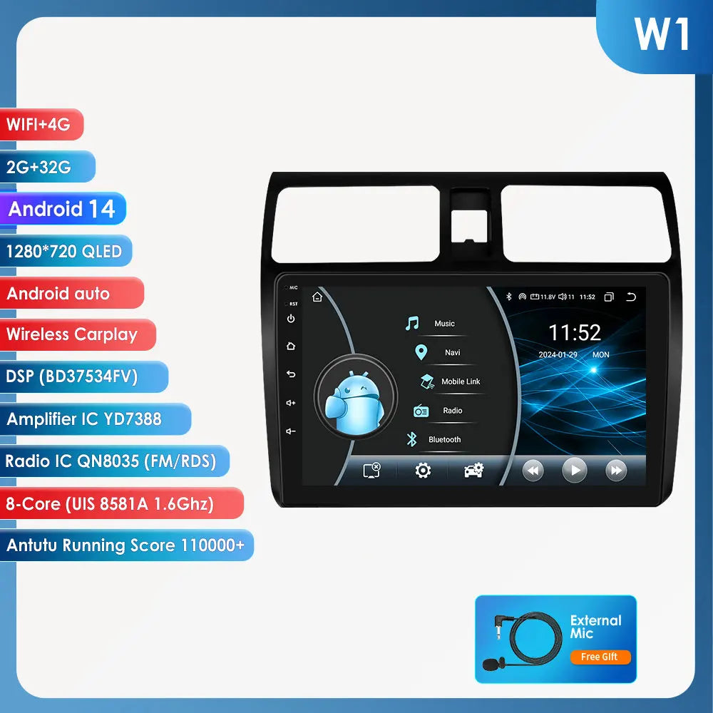 Suzuki Swift 2005-2010 9" Android 14 Carplay Android auto wireless wifi bt gps 4g AUTMTSDHF
