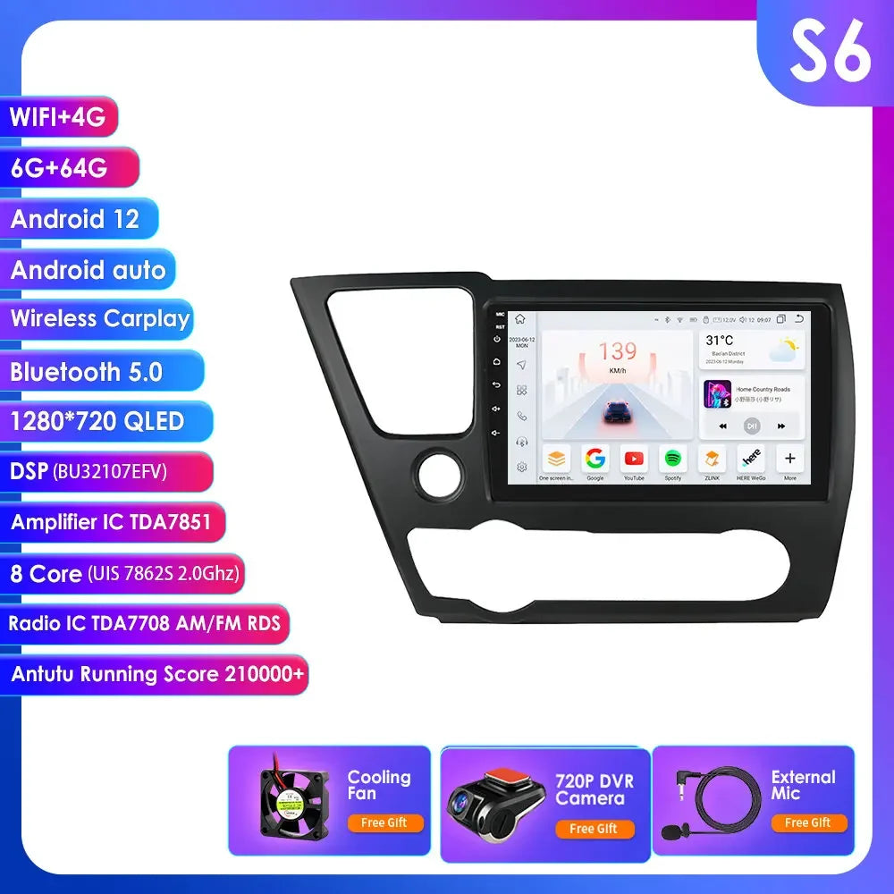Honda Civic 2013-2016 9" Android 14 Carplay Android auto wireless wifi bt gps 4g AUTMCTVR7