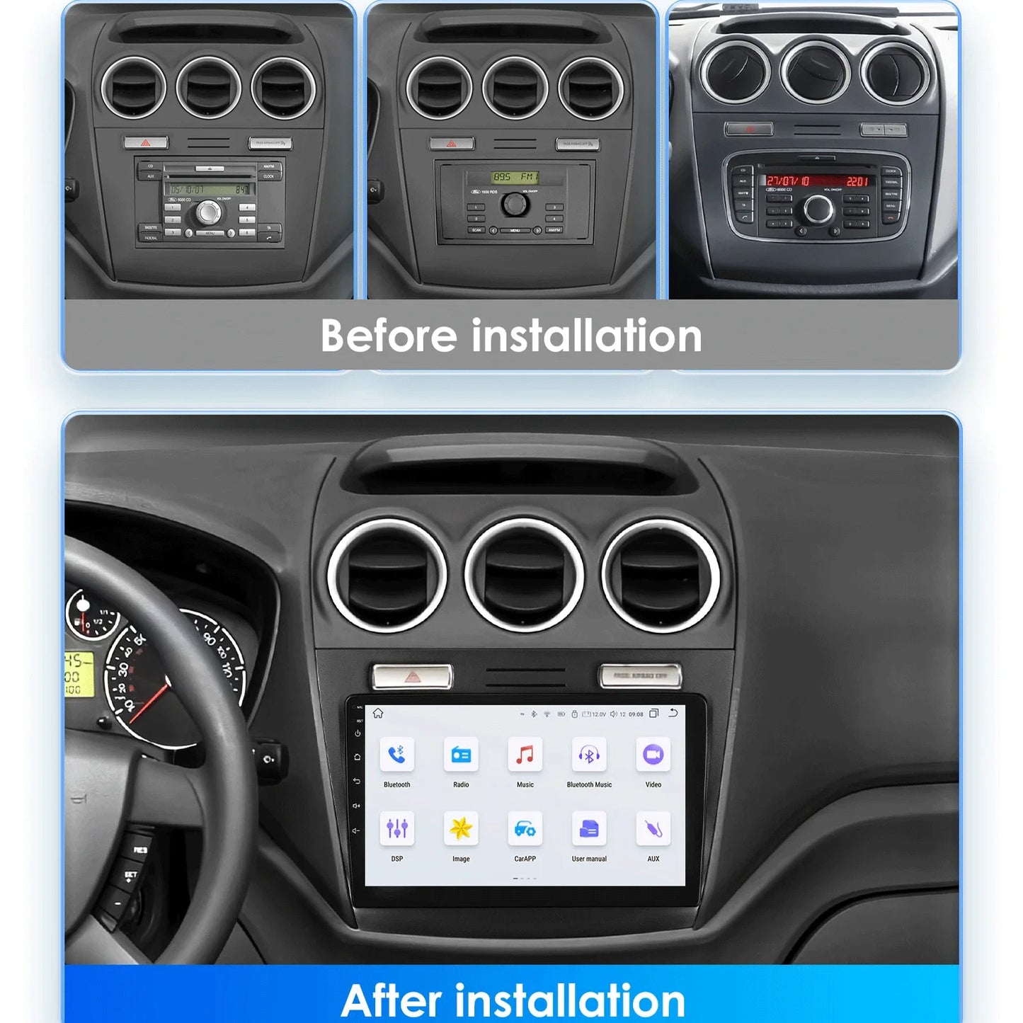Ford Transit Tourneo Connect  2005 - 2014  9" Android 14 Carplay Android auto wireless wifi bt gps 4g  AUTMC11Z