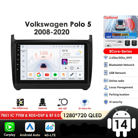 Volkswagen Polo 5 2009-2020 9" Android 14 Carplay Android auto wireless wifi bt gps 4g AUTMWHJD