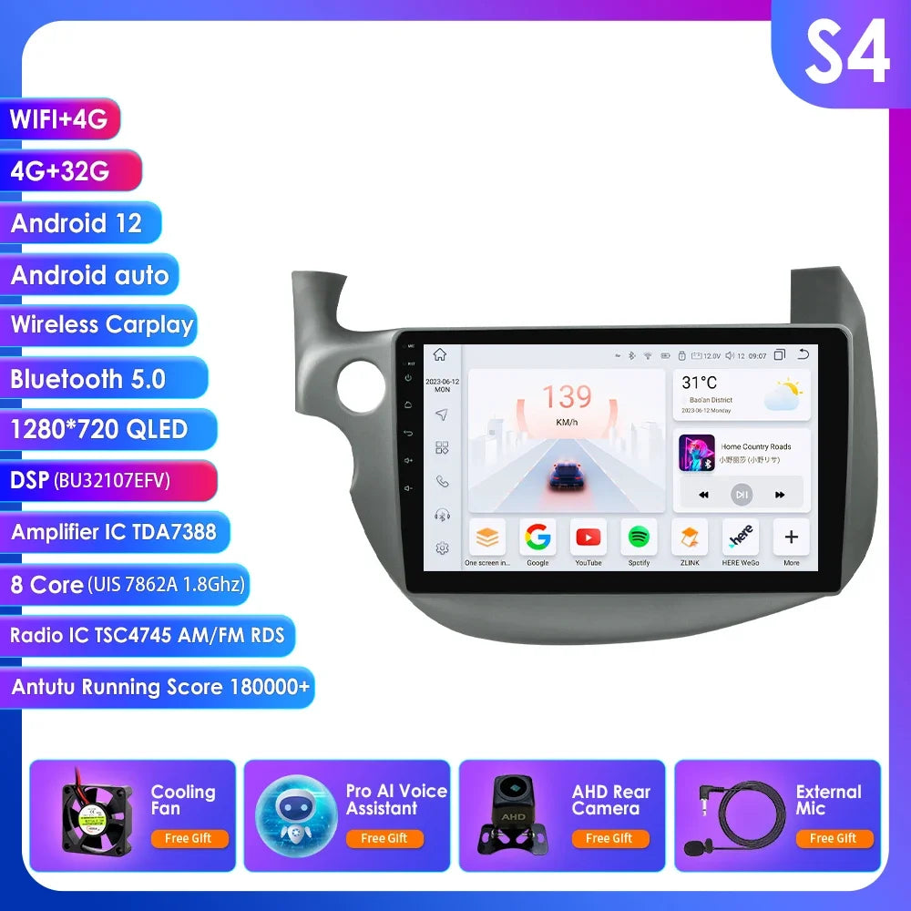HONDA FIT JAZZ 2007-2013 9" Android 14 Carplay Android auto wireless wifi bt gps 4g  AUTMJZFHD