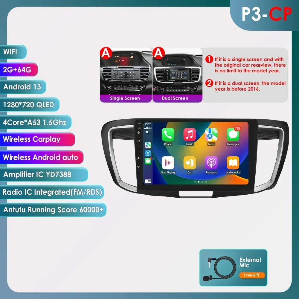 Honda ACCORD 9 2.0L 2.4L 2012  -2018  9"  Android 14 Carplay Android auto wireless wifi bt gps 4g  AUTMA22DH