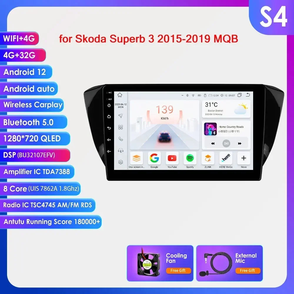 Skoda Superb 3 2015 - 2019 10,1" / 10,33" Android 14 Carplay Android auto wireless wifi bt gps 4g  AUTM1J1R