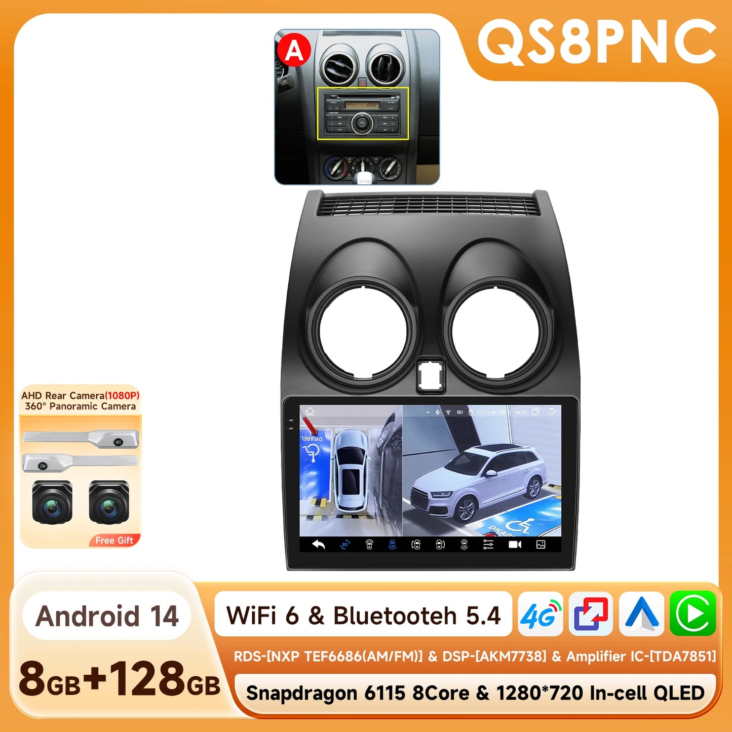 Nissan Qashqai J10 2006-2013 9" Android 14 Carplay Android auto wireless wifi bt gps 4g AUTM63FU