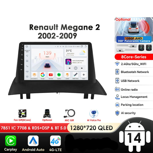 Renault Megane 2 2002-2009 9" Android 14 Carplay Android auto wireless wifi bt gps 4g AUTM6RPO