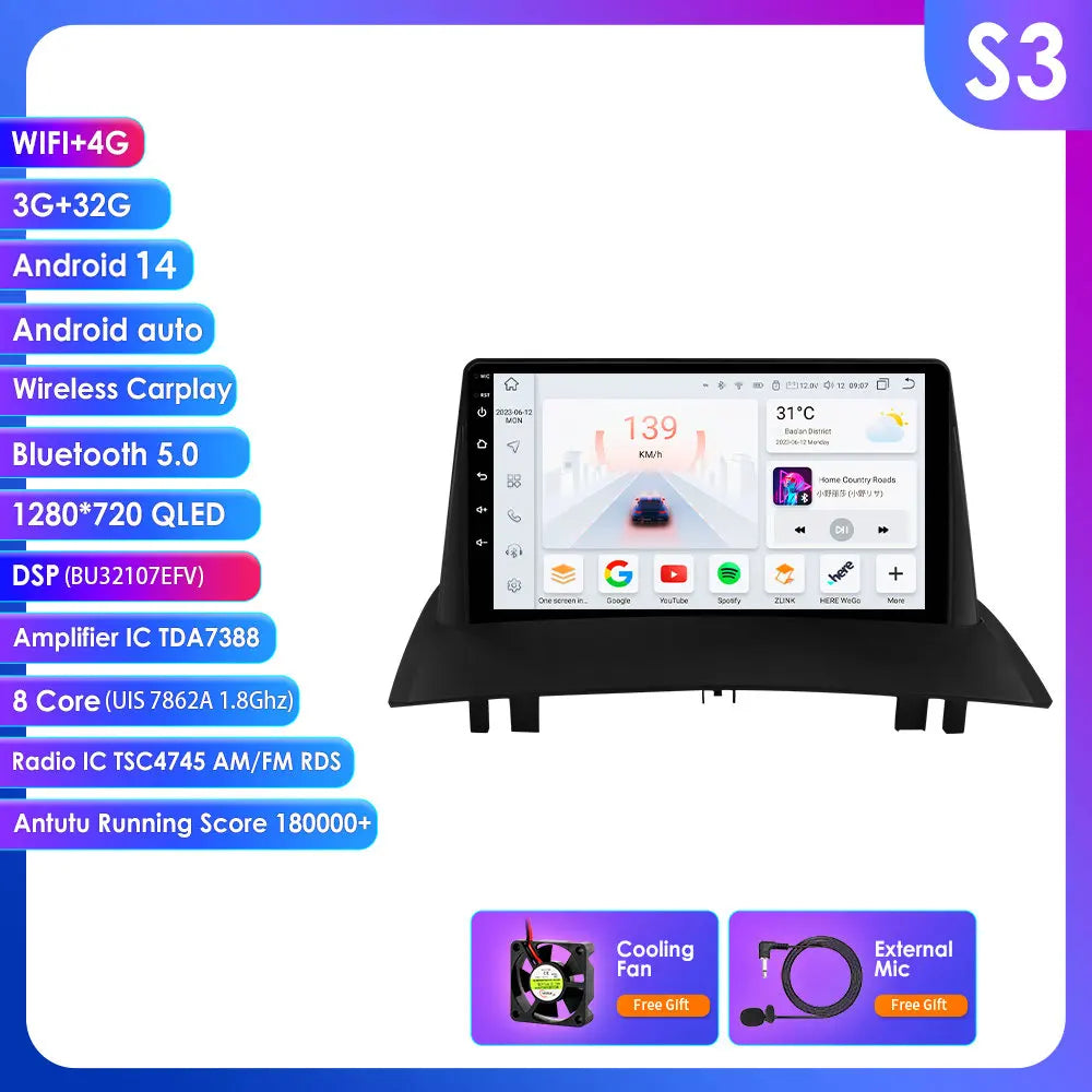 Renault Megane 2 2002-2009 9" Android 14 Carplay Android auto wireless wifi bt gps 4g AUTM6RPO