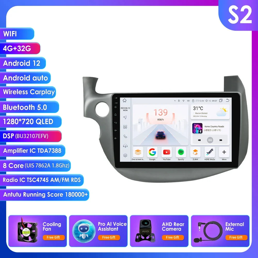 HONDA FIT JAZZ 2007-2013 9" Android 14 Carplay Android auto wireless wifi bt gps 4g  AUTMJZFHD
