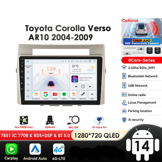 Toyota Corolla Verso AR10 2004-2009 9" Android 14 Carplay Android auto wireless wifi bt gps 4g AUTMLD56J
