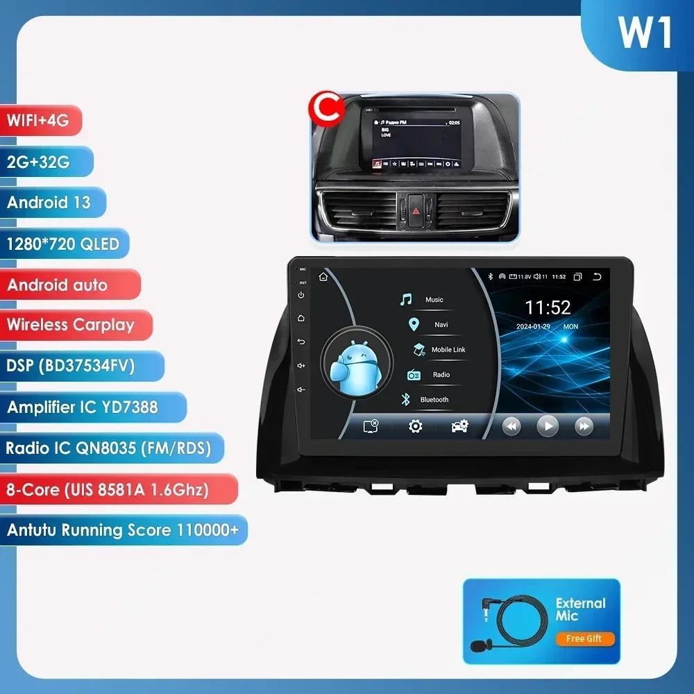 Mazda CX5 CX-5 CX 5 2012 - 2015 9" Android 14 Carplay Android auto wireless wifi bt gps 4g  AUTMAPJJ