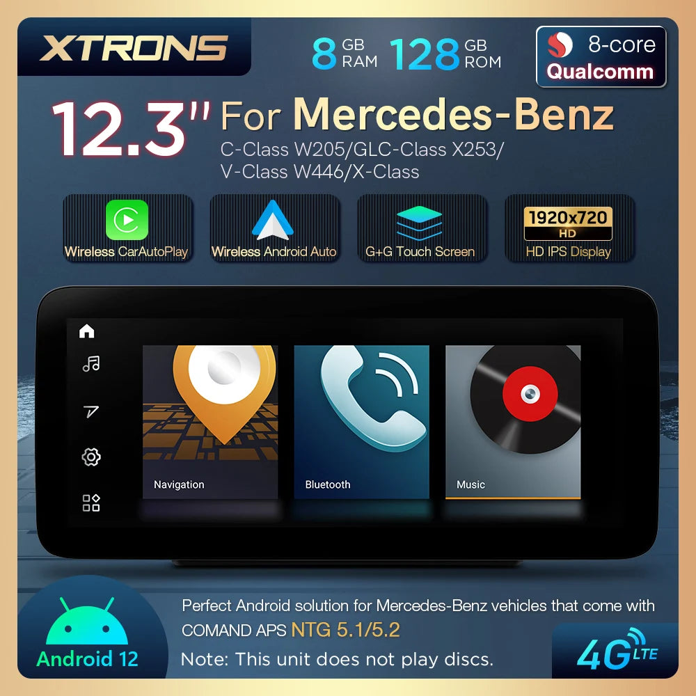 Mercedes W205 X253 NTG 5.1 5.2  12.3'' Android 12 Qualcomm 8+128 Car Radio  Stereo  CarPlay Android Auto  4G QXM2250PM12C5