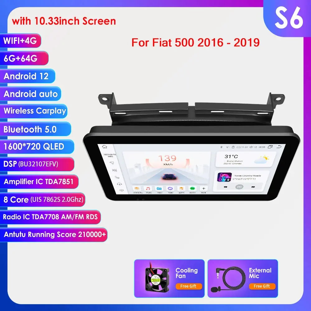 Fiat 500 2016 -2019  9"/10,33" Android 14 Carplay Android auto wireless wifi bt gps 4g AUTM7LJI