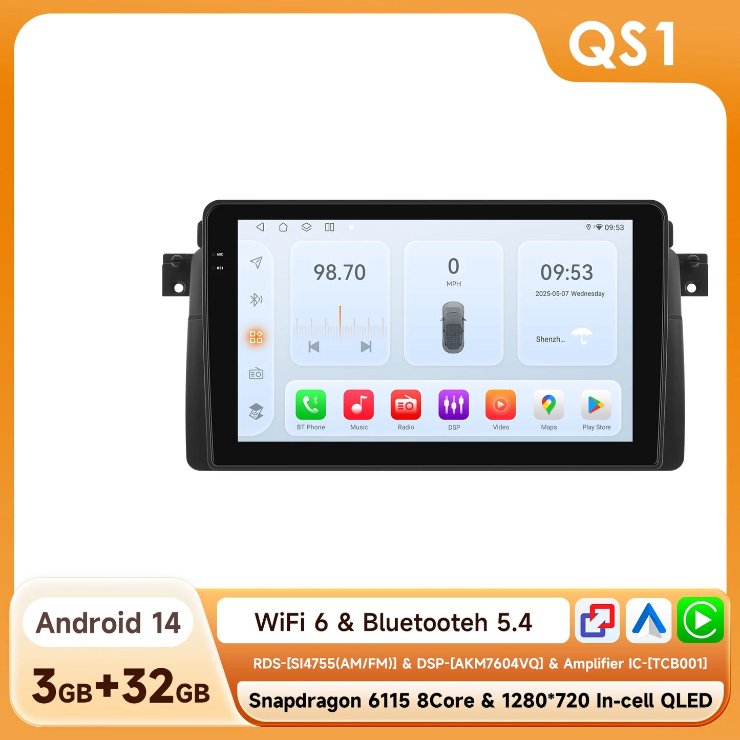 BMW E46 M3 X5 1998-2006 Rover 75 Coupe 9" Android 14 Carplay Android auto wireless wifi bt gps 4g  AUTM550L