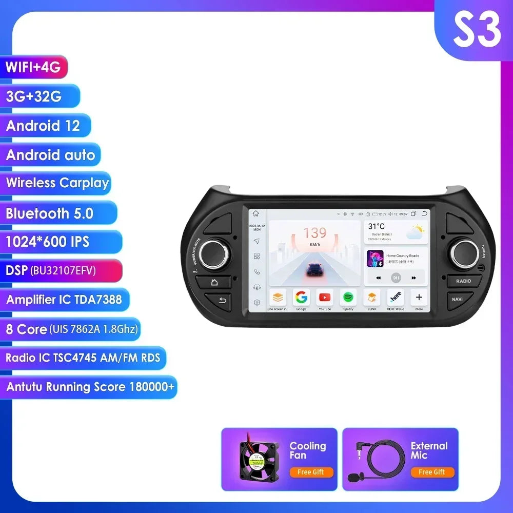 Fiat Qubo/ Fiorino / Citroen Nemo / Peugeot Bipper 7" Android 14 Carplay Android auto wireless wifi bt gps 4g   AUTMZVQA