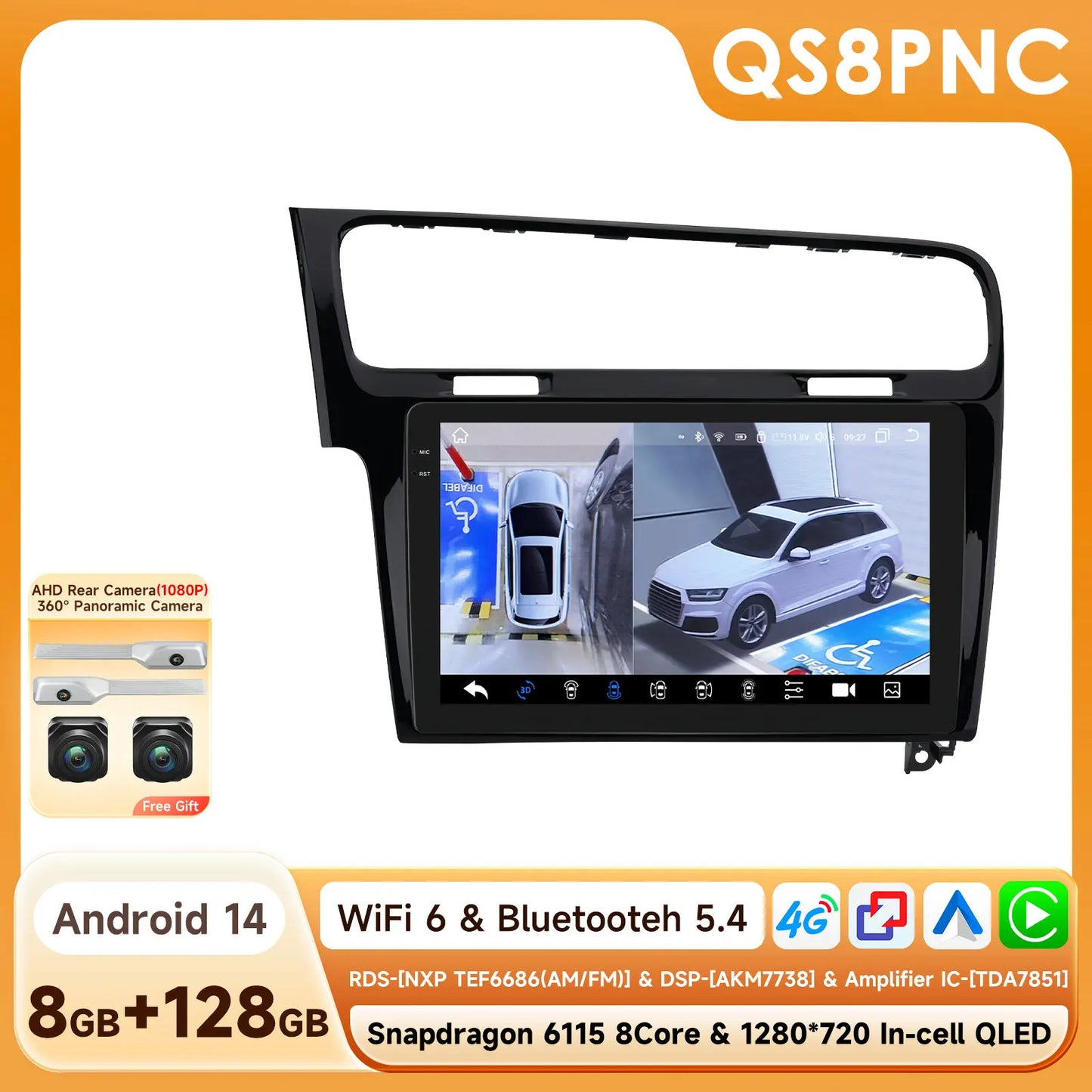 Volkswagen VW Golf 7 2013-2017 10,1"" Android 14 Carplay Android auto wireless wifi bt gps 4g  AUTMKDPF