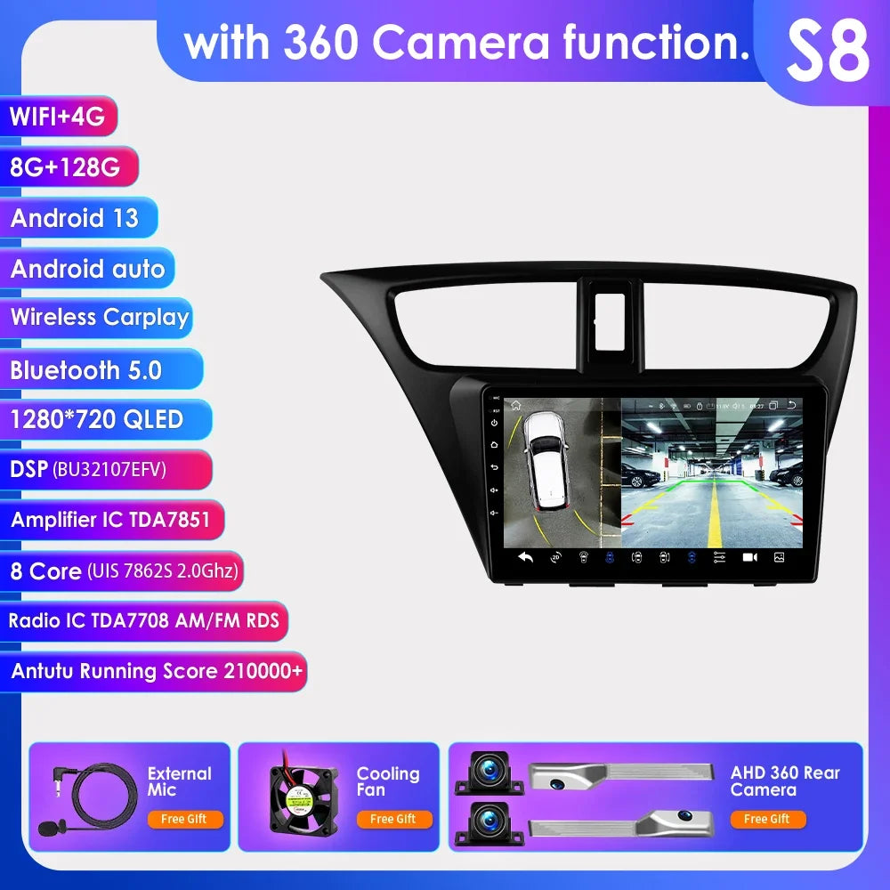 Honda Civic 9 FK FB 2012 - 2017 9" Android 14 Carplay Android auto wireless wifi bt gps 4g AUTMSGOW