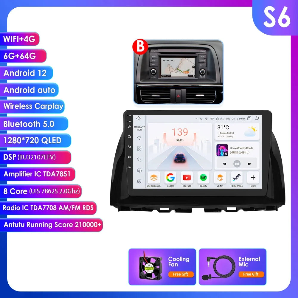 Mazda CX5 CX-5 CX 5 2012 - 2015 9" Android 14 Carplay Android auto wireless wifi bt gps 4g  AUTMAPJJ