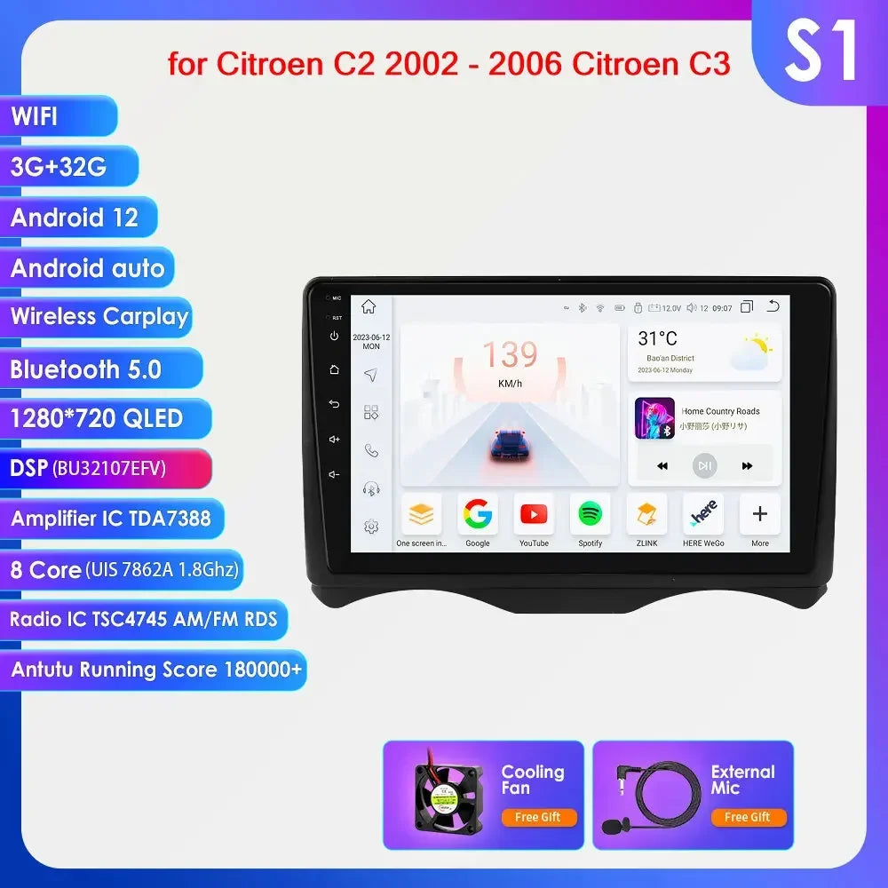 Citroen C2 2002 - 2006 Citroen C3  2002-2006 9" Android 14 Carplay Android auto wireless wifi bt gps 4g AUTM8GD8