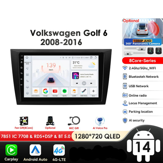 Volkswagen Golf 6 2008 - 2016 9" Android 14 Carplay Android auto wireless wifi bt gps 4g AUTM2L0X