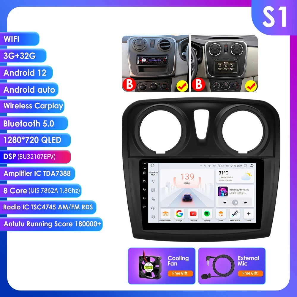 Dacia Logan 2 II Sandero 2  2012-2019 9" Android 14 Carplay Android auto wireless wifi bt gps 4g AUTMH2D9