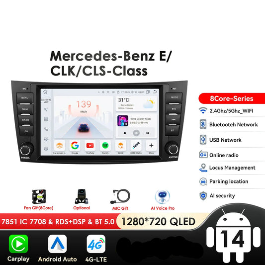 Mercedes Benz E-class W211 E200 E220 E300 E350 E240 E270 E280 W219 8" Android 14 Carplay Android auto wireless wifi bt gps 4g  AUTMDBW0