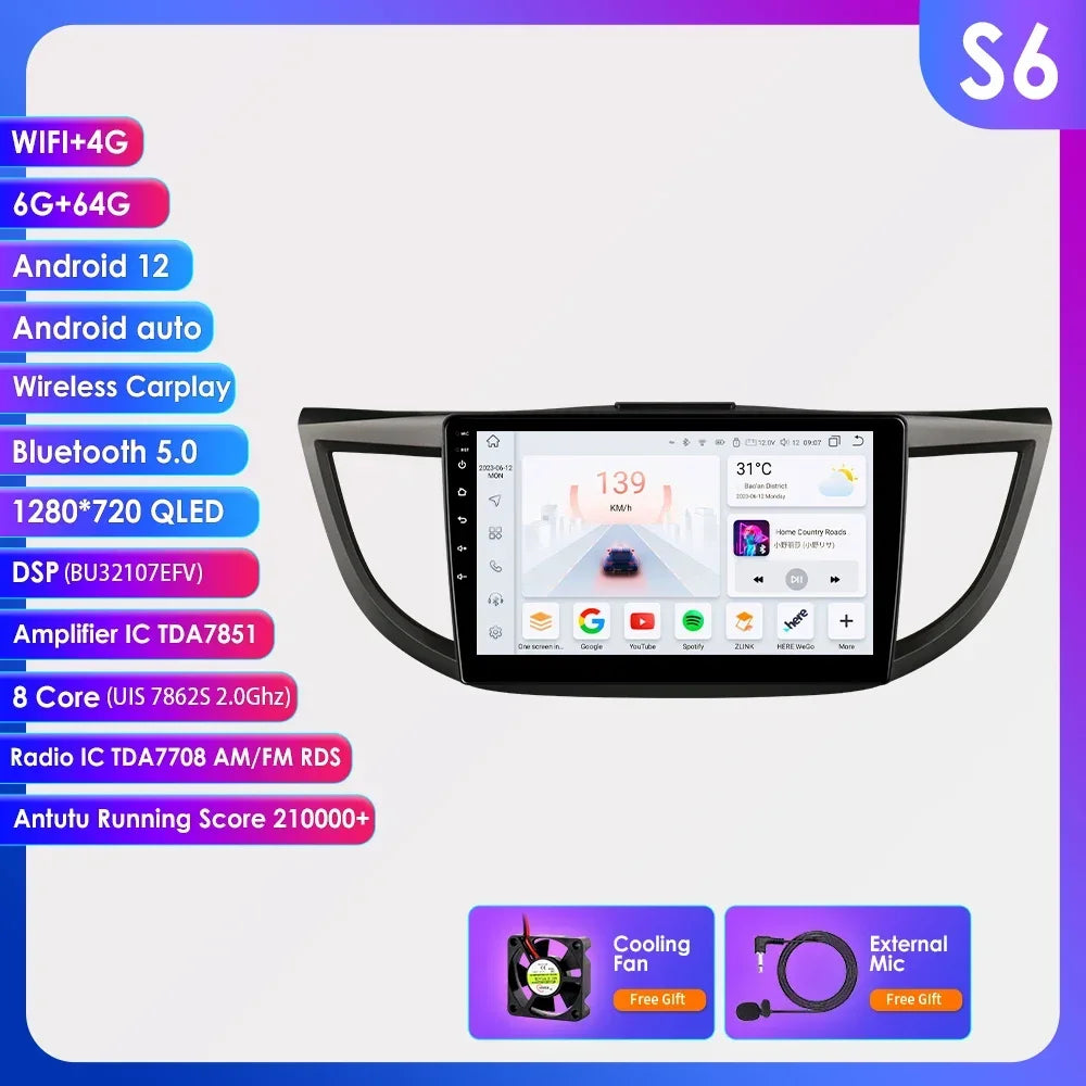 Honda CR-V 4th 2012-2016 9" Android 14 Carplay Android auto wireless wifi bt gps 4g AUTMVCRH4