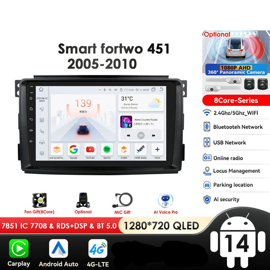 Smart Fortwo 2006-2010 9" Android 14 Carplay Android auto wireless wifi bt gps 4g AUTMB3CC