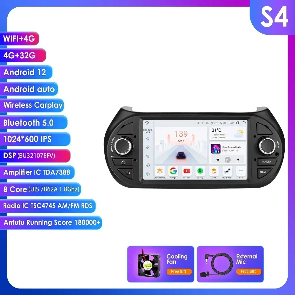 Fiat Qubo/ Fiorino / Citroen Nemo / Peugeot Bipper 7" Android 14 Carplay Android auto wireless wifi bt gps 4g   AUTMZVQA