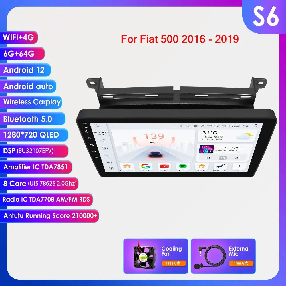Fiat 500 2016 -2019  9"/10,33" Android 14 Carplay Android auto wireless wifi bt gps 4g AUTM7LJI