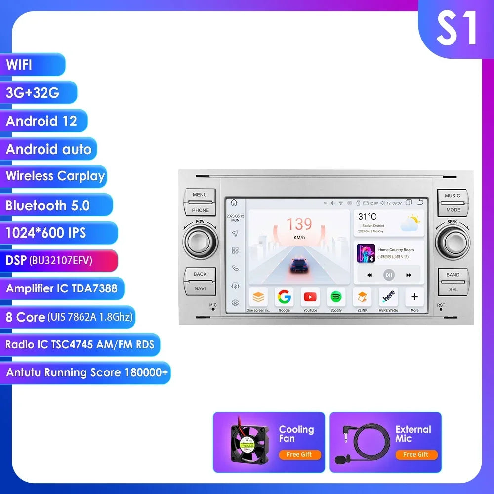Ford Mondeo S-max Focus C-MAX Galaxy Fiesta Transit Fusion Connect Kuga 7" Android 14 AUTM58OQ Carplay Android auto wireless wifi bt gps 4g AUTM2PNO