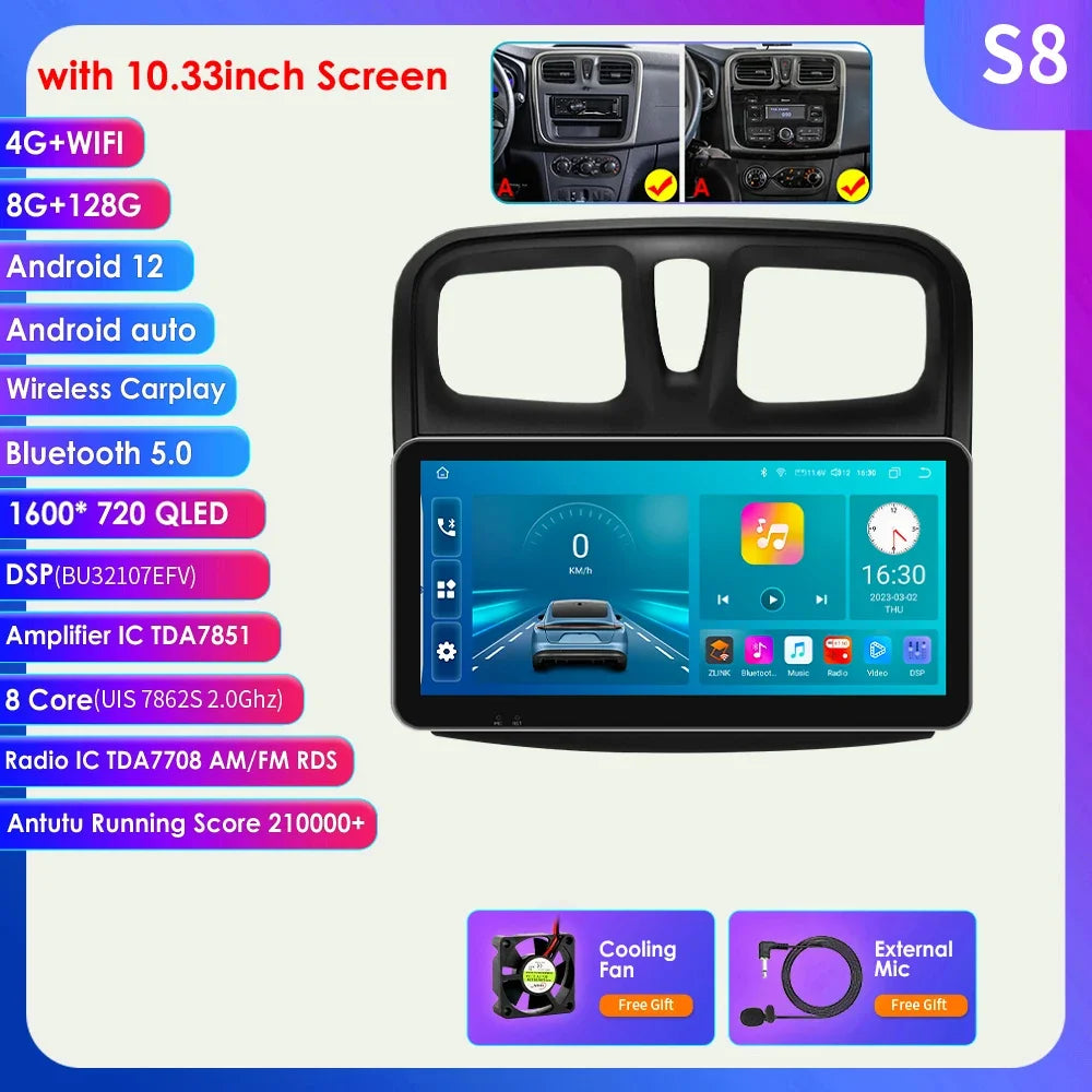 Dacia Logan 2 II Sandero 2  2012-2019 9" Android 14 Carplay Android auto wireless wifi bt gps 4g AUTMH2D9