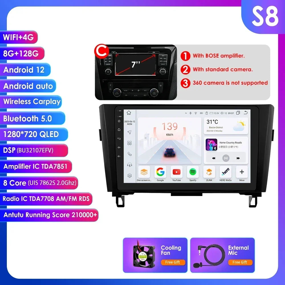 Nissan X-Trail Xtrail X Trail 3 T32 Qashqai 2 J11 2014-2018  10" Android 14 Carplay Android auto wireless wifi bt gps 4g AUTMSINJ11