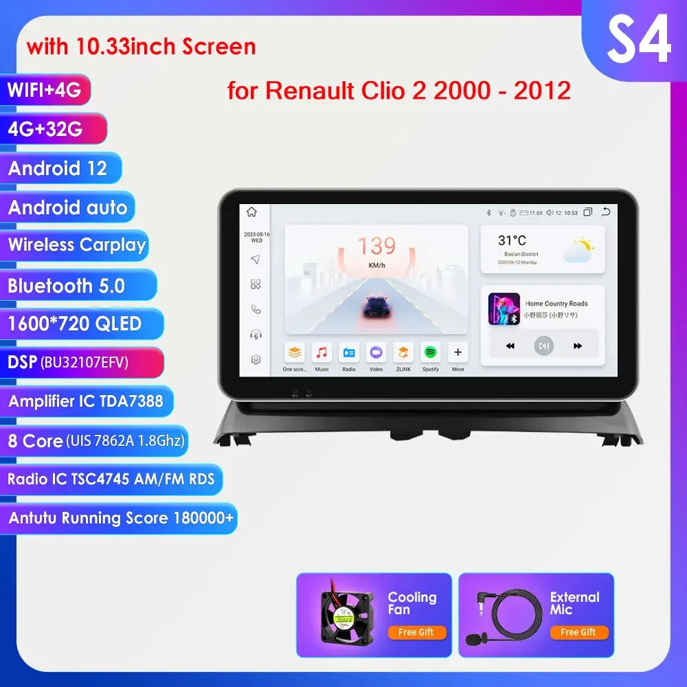 Renault Clio 2 2000 - 2012 9" / 10,33" Android 14 Carplay Android auto wireless wifi bt gps 4g  AUTM8236