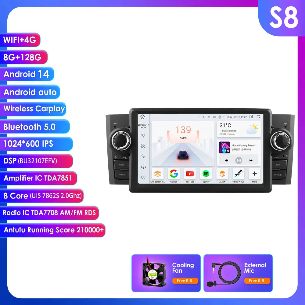 Fiat Grande Punto 7" Android 14 Carplay Android auto wireless wifi bt gps 4g  AUTMQ2E8