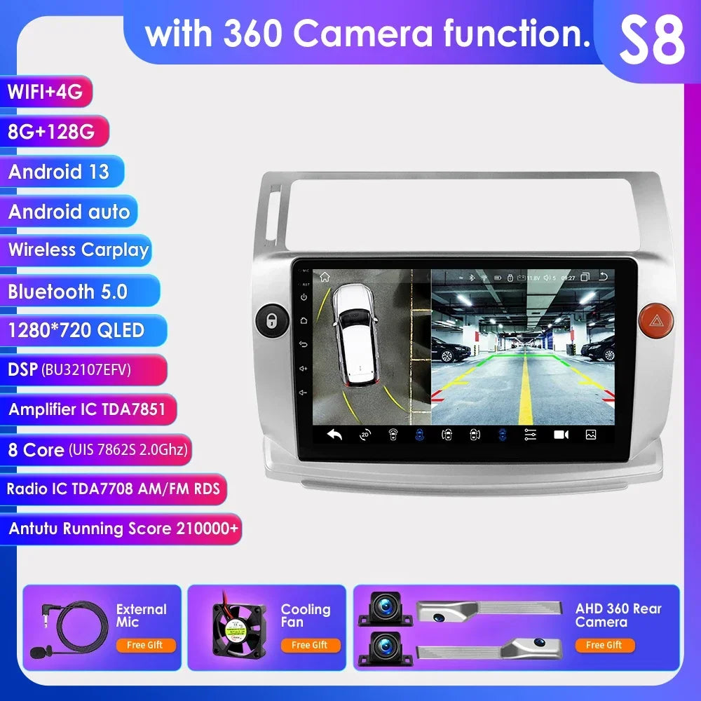 Citroen C4 C-Quatro 2004-2009  9" Android 14 Carplay Android auto wireless wifi bt gps 4g  AUTM4029