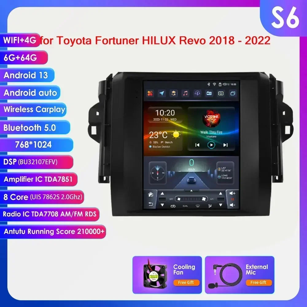 Toyota Fortuner HILUX Revo 2016 -2022  9.7" Android 14 Carplay Android auto wireless wifi bt gps 4g AUTMHXLFT