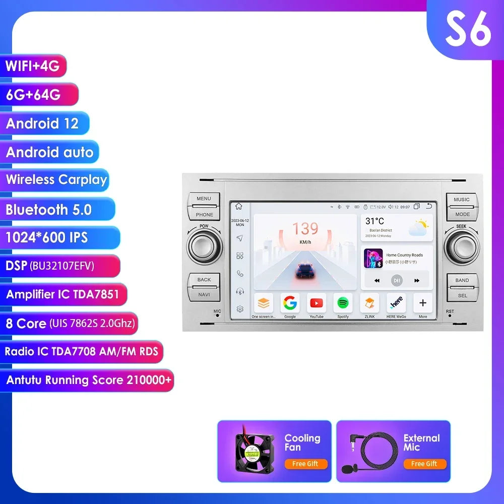 Ford Mondeo S-max Focus C-MAX Galaxy Fiesta Transit Fusion Connect Kuga 7" Android 14 AUTM58OQ Carplay Android auto wireless wifi bt gps 4g AUTM2PNO